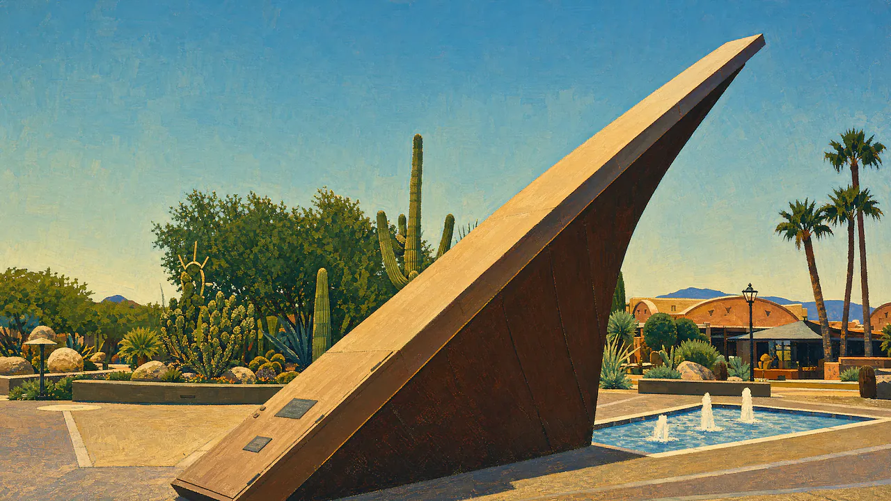 Painting of the Carefree sundial and desert garden in Carefree, Arizona