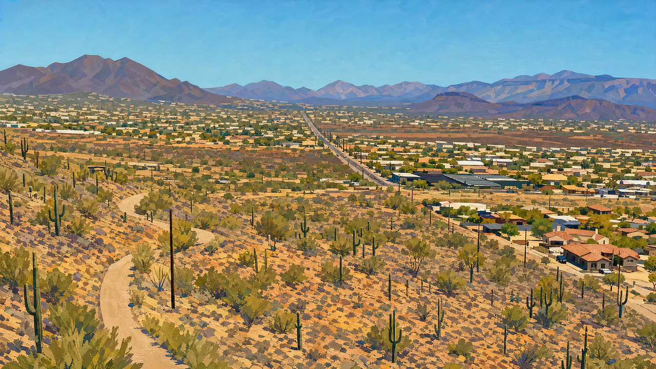 Painting of Desert Hills, Arizona from Roland Peak, saguaro desert and mountains