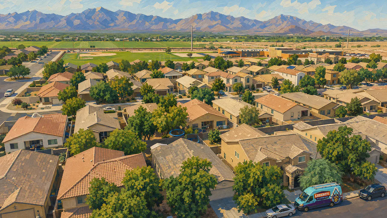 Painted aerial of a Glendale, Arizona neighborhood with a Liberty Plumbing van parked at the curb