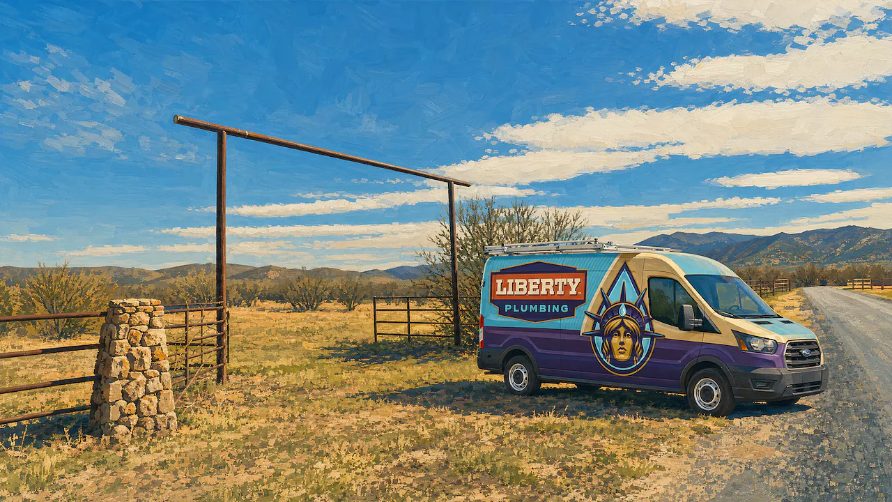 Painting of a ranch gate and Glassford Hill country in Prescott Valley, Arizona, with a Liberty Plumbing van parked on the road