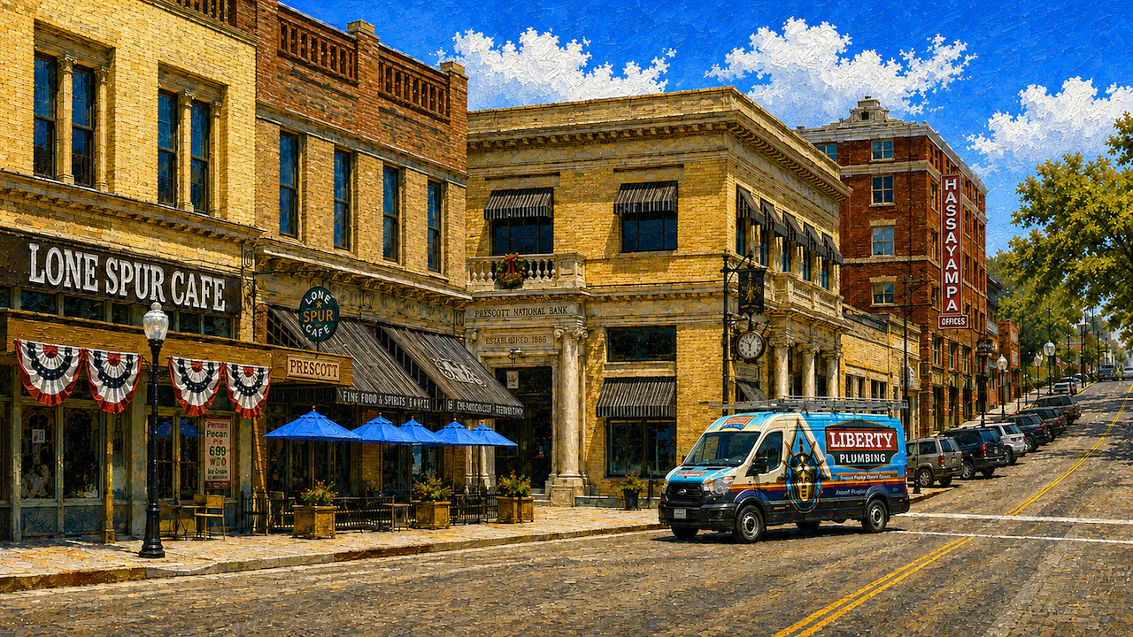 Painting of Whiskey Row in Prescott, Arizona, with a Liberty Plumbing van parked at the curb