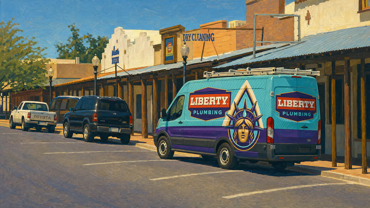 Painting of historic Frontier Street in Wickenburg, Arizona, with a Liberty Plumbing van parked at the curb