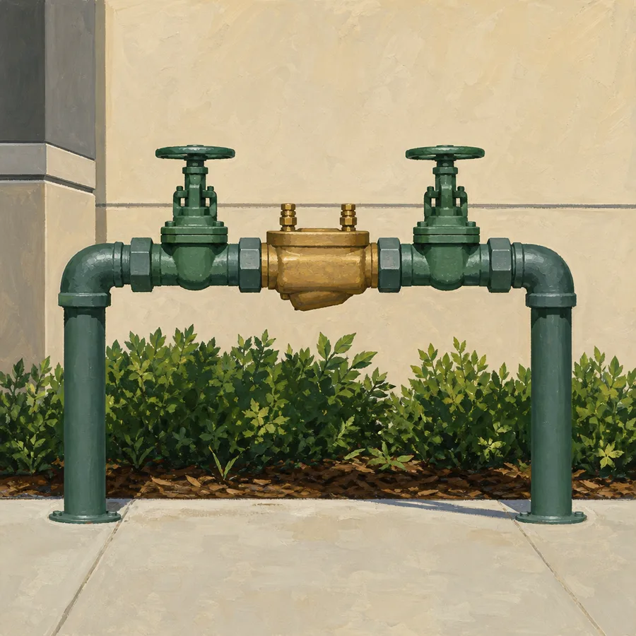 Painted illustration of a backflow prevention assembly mounted on a commercial building wall