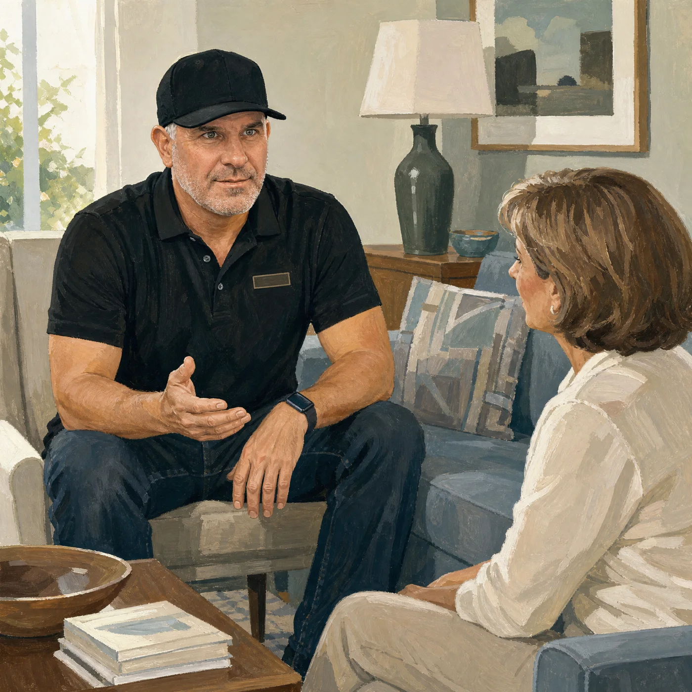 Painted illustration of Liberty Plumbing owner Tom Ford talking with a customer in her living room