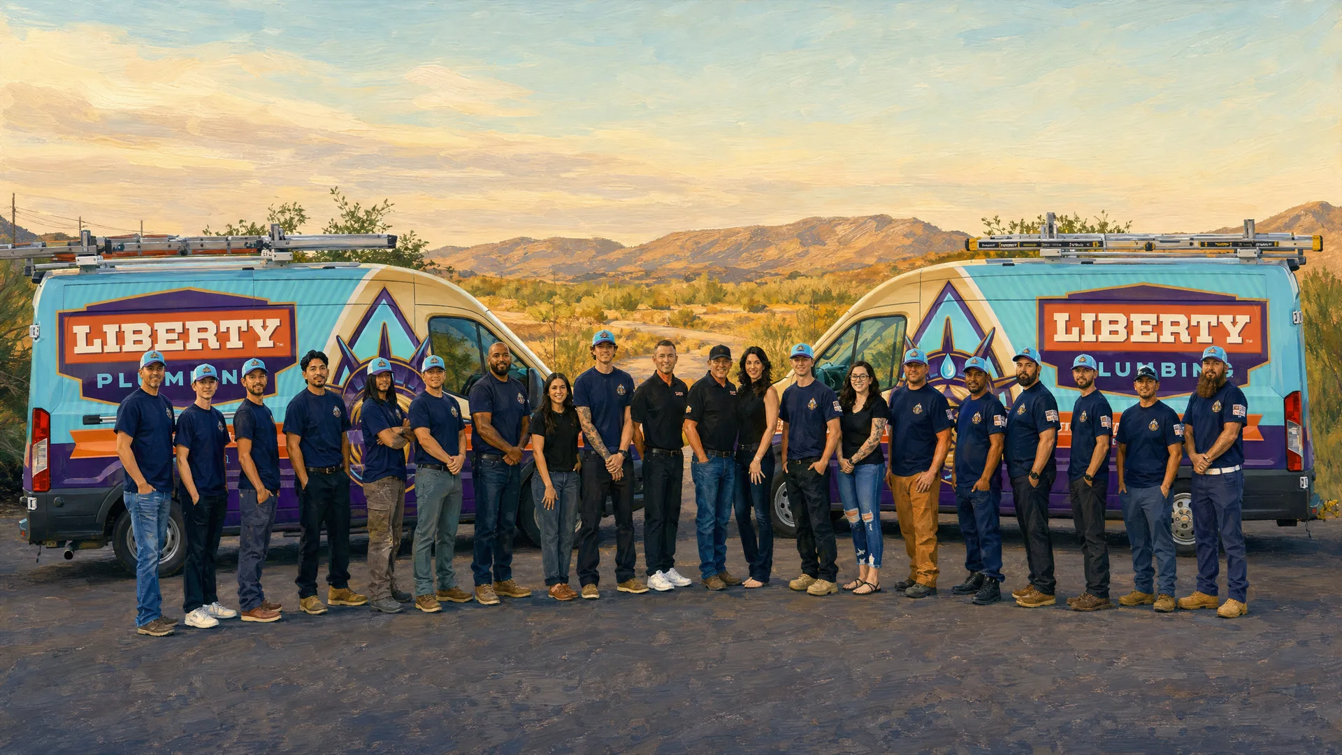 The Liberty Plumbing crew, eighteen technicians and staff, standing together between two wrapped Liberty service vans in the Arizona desert