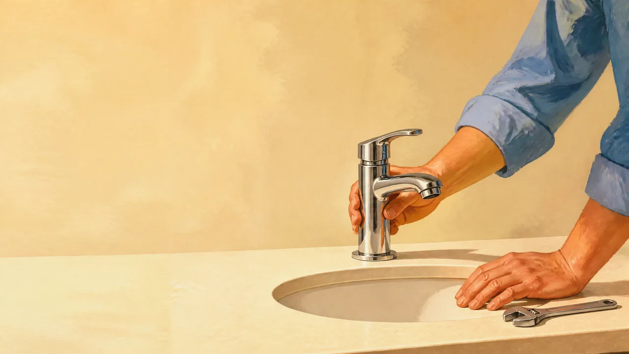 Painted illustration of hands setting a new faucet onto a bathroom vanity