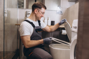 Professional plumber working on a toilet in a modern bathroom, installing or repairing the toilet seat