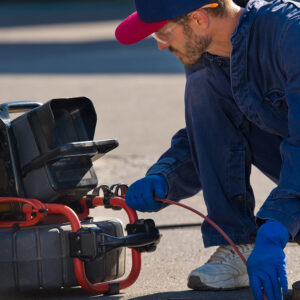 Plumber diagnoses a drain well on the street using special equipment.