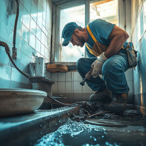 Plumber fixing a clogged drain in a bathroom;Canon EF 35mm, f1. 8, photography, intricated details, high on details, ultra realistic, HD, HDR, 8K, real life --ar 4:3 --v 6.1 Job ID: 83e30f5d-3480-4d45-893b-fabb4a86a73e